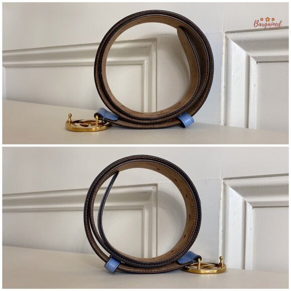 Authentic Gucci Blue Calfskin Leather Gold Interlocking G Buckle Belt 85/34 - Picture 9 of 13